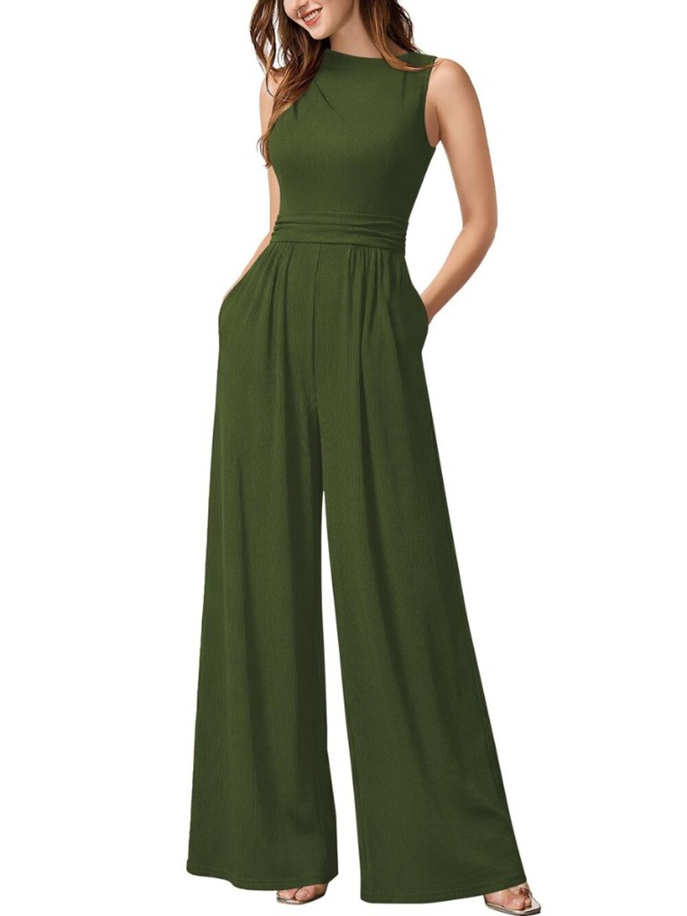 Women's Casual Sleeveless Mock Neck Ruched Wide Leg Jumpsuit